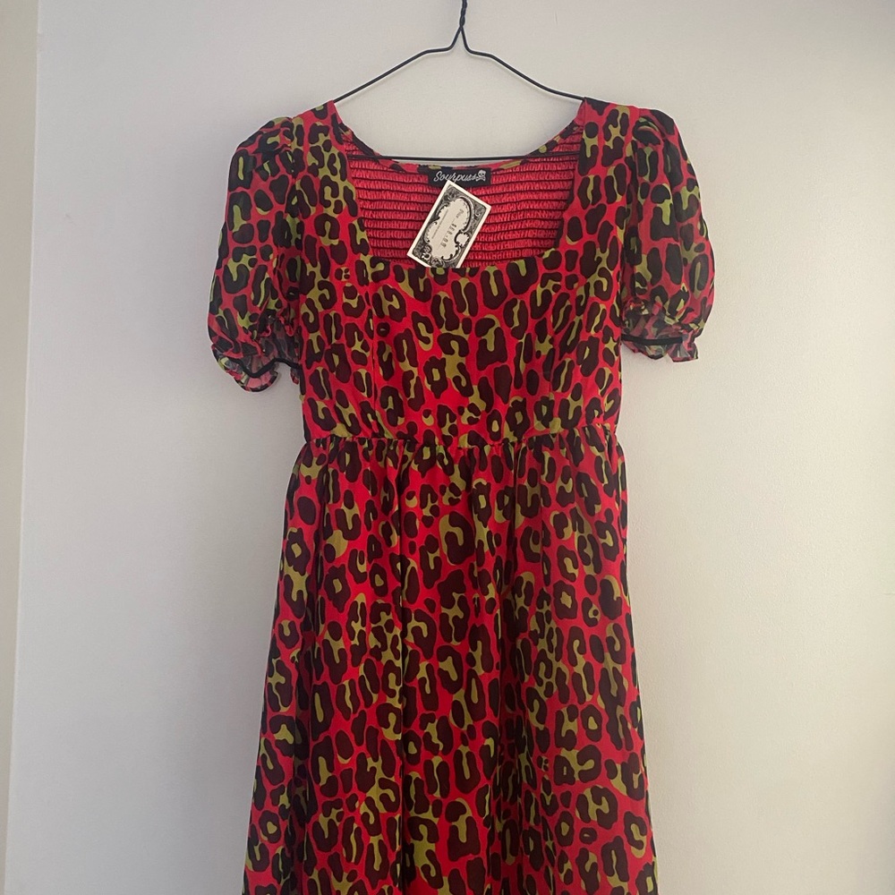 Sourpuss Red and Yellow Leopard Print Midi Dress